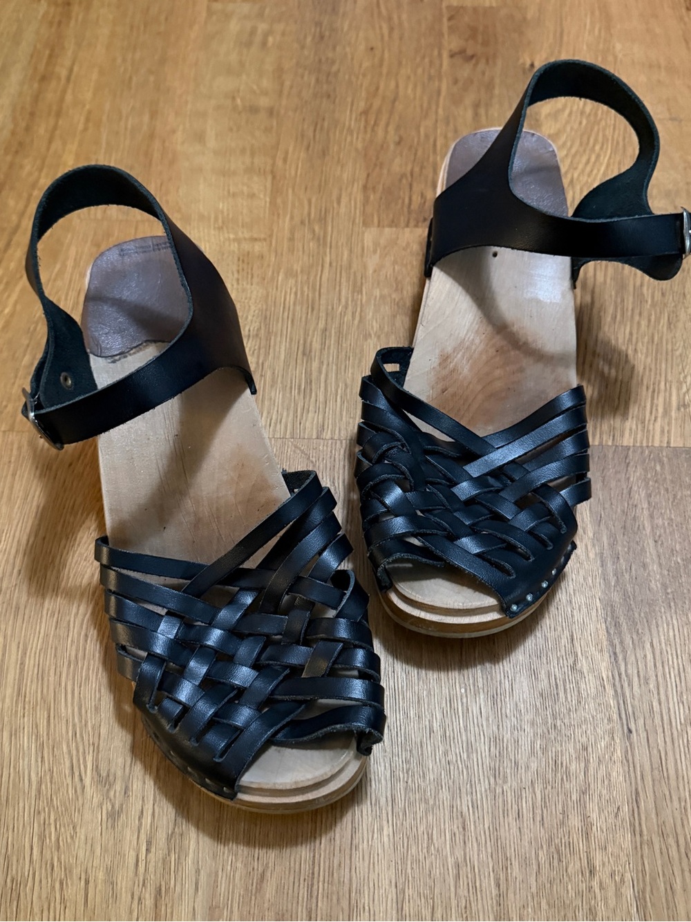 Troentorp 39 Black Leather Wood Anna Sandal Clogs